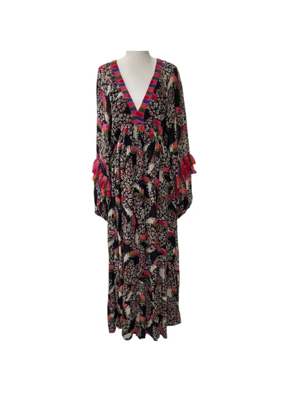 Farm Rio NWT Leopard Toucan Maxi Dress With Ruffle Sleeves & V-Neckline Size Med